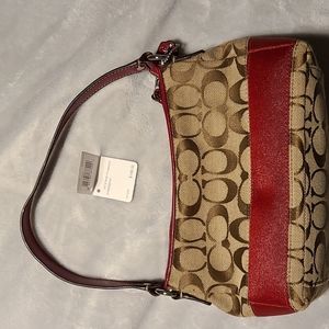 Signature Stripe Top Handle Pouch, Khaki & Red Fabric Leather Hobo Bag w/Wallet!
